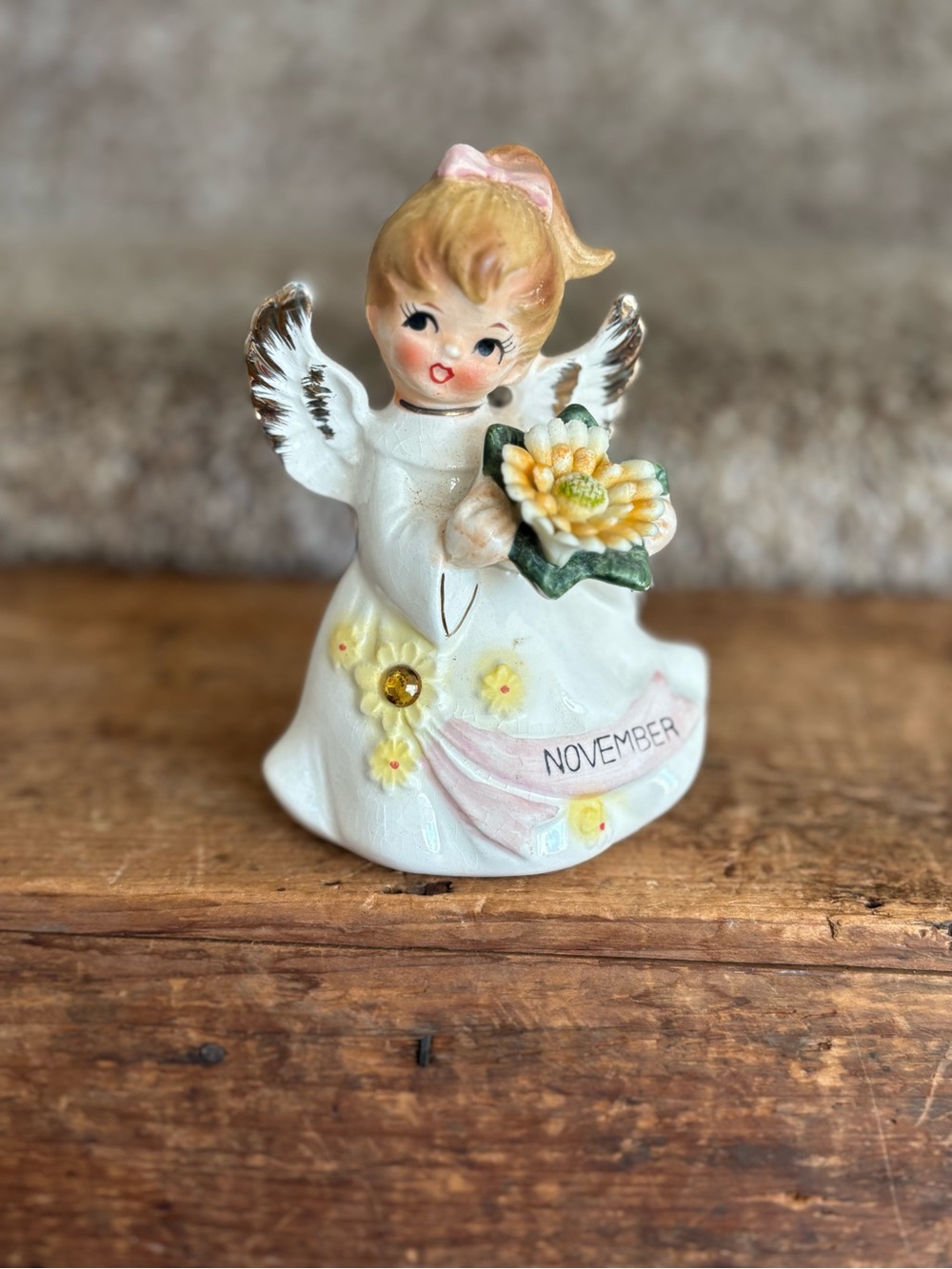 Lefton November Angel Figurine - White and Pink Ceramic Home Accent